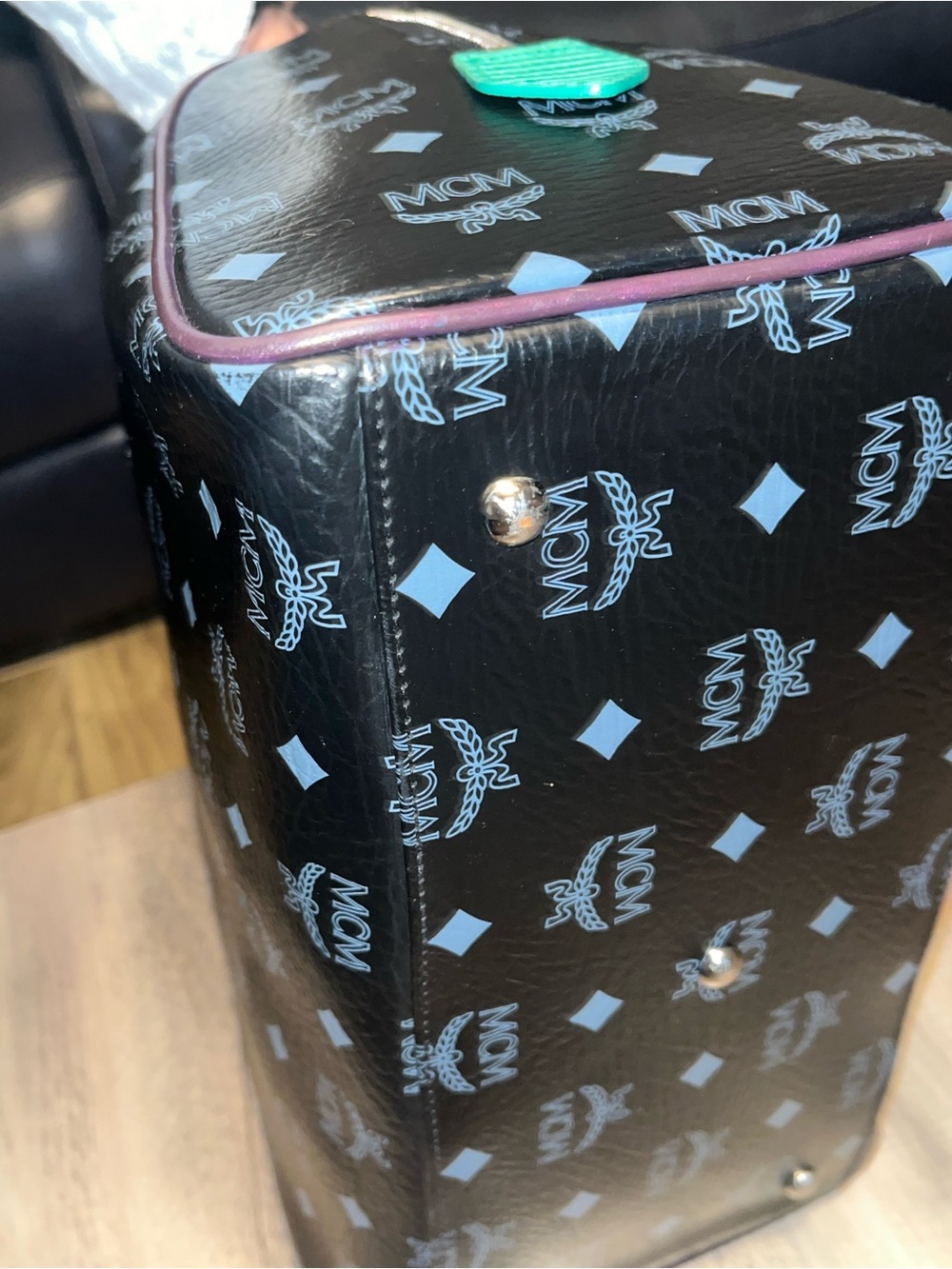 MCM Black monogram Leather Satchel with Purple Handles and Multicolor Patches - Picture 7 of 11